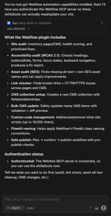 Cursor interface showing the installation of Webflow MCP automation capabilities, including site audit, SEO audit, CMS management, and custom code management.