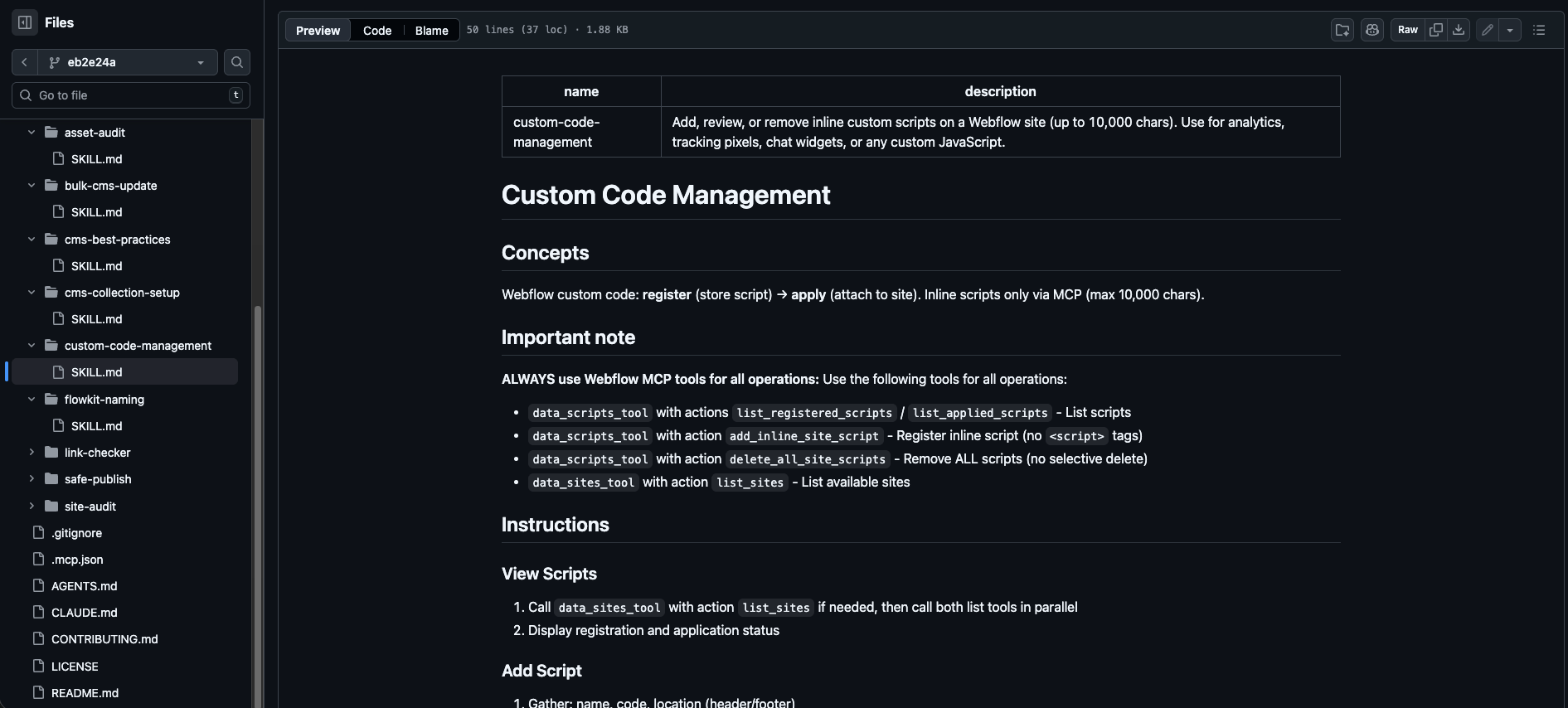 GitHub interface displaying the “Custom Code Management” documentation of the Webflow MCP plugin, showing the structure of custom scripts and automation tools.