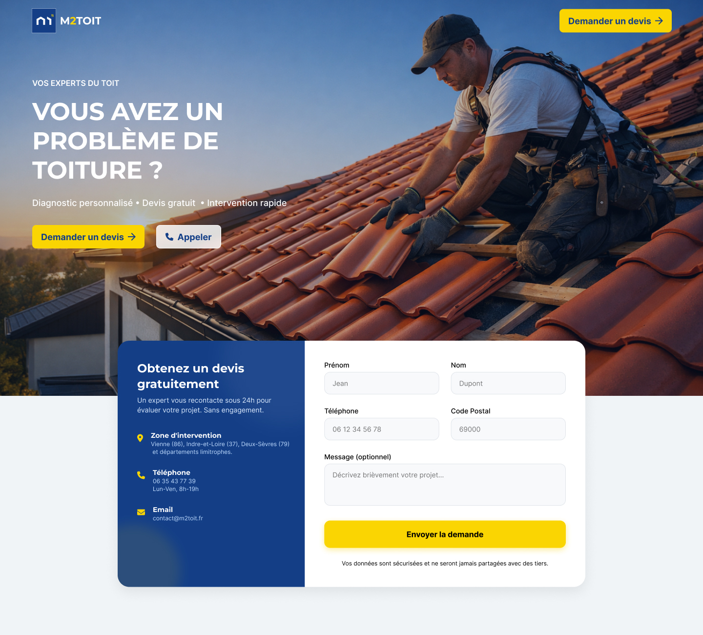 Section hero de la landing page M2TOIT avec le titre « Vous avez un problème de toiture ? », les boutons Demander un devis et Appeler, et le formulaire de devis en ligne.