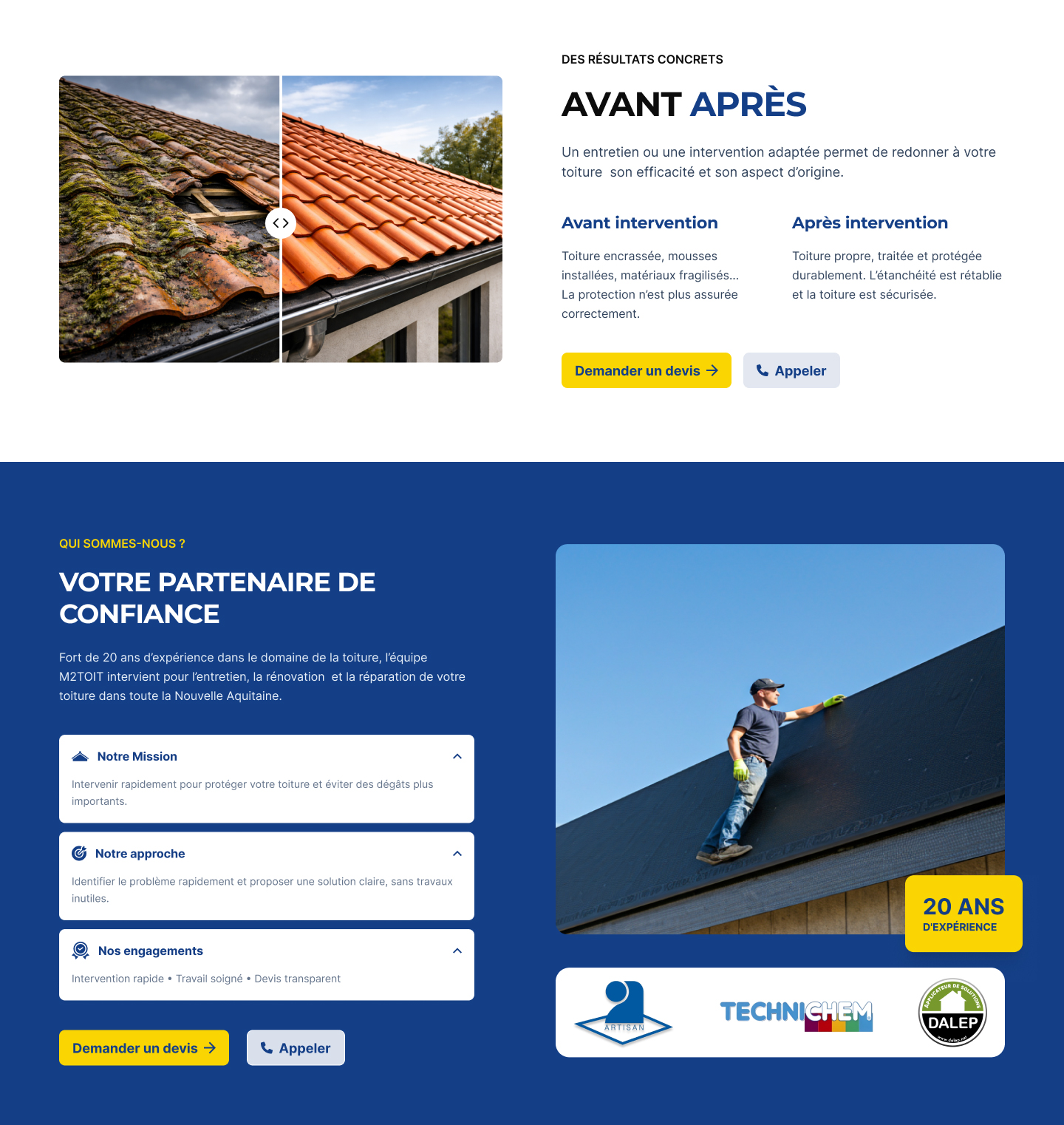 Section avant/après de la landing page M2TOIT montrant une toiture encrassée et rénovée, avec la section Votre partenaire de confiance et le badge 20 ans d'expérience.