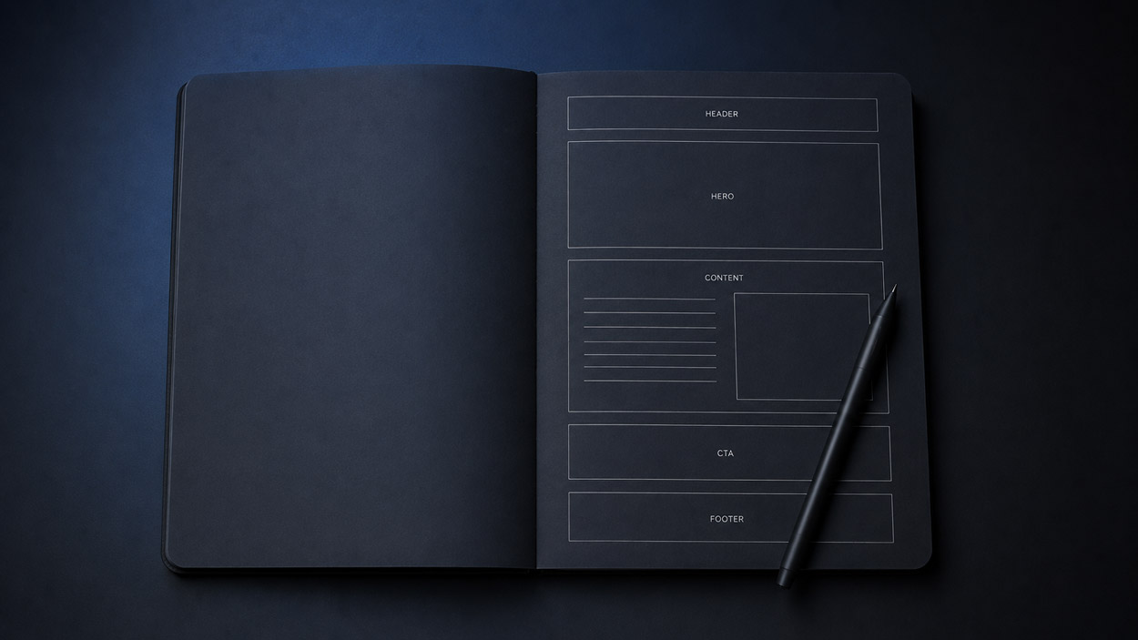 Carnet ouvert avec un zoning de page web dessiné à la main : zones Header, Hero, Content, CTA et Footer sur fond sombre