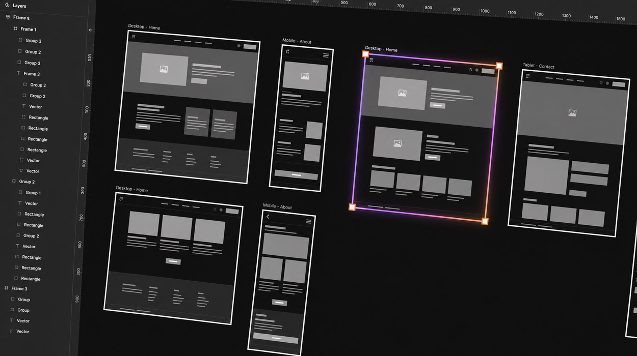 Interface Figma avec plusieurs wireframes basse fidélité pour desktop, mobile et tablette, montrant la structure de pages web en niveaux de gris
