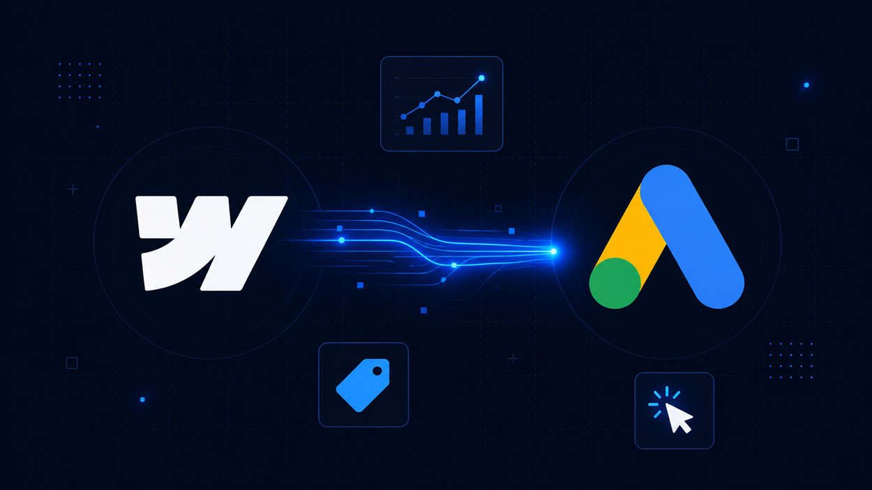 Illustration technologique minimaliste sur fond bleu marine foncé, représentant le logo Webflow blanc à gauche et l’icône colorée Google Ads à droite. Les deux plateformes sont reliées par un flux de données lumineux bleu électrique, symbolisant une intégration et un transfert de données automatisés. Autour de la composition flottent plusieurs éléments d’interface : un graphique de conversion, une étiquette et une icône de clic. Style moderne, géométrique et épuré, avec une grille discrète en arrière-plan et un fort contraste visuel.