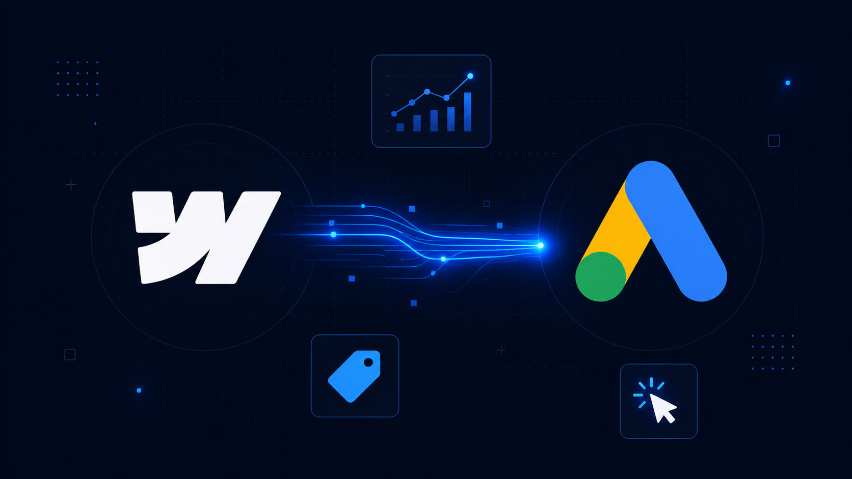 Minimalist tech illustration on a dark navy background showing a white Webflow logo on the left and a colorful Google Ads icon on the right. A glowing electric-blue data flow line connects the two platforms, symbolizing integration and data transfer. Floating interface elements include a conversion chart, a tag icon, and a cursor click symbol. Clean geometric design with subtle grid lines, high contrast, and a modern technology blog cover aesthetic.