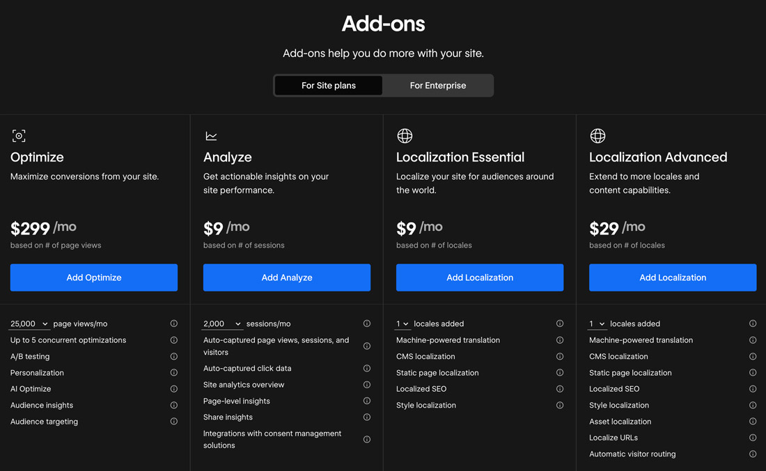 Capture d’écran de la section « Add-ons » de Webflow en mode sombre. Un sélecteur permet de choisir entre les modules complémentaires pour les forfaits Site ou Enterprise. Quatre cartes tarifaires sont affichées côte à côte sur un fond noir avec du texte blanc et des boutons d’action bleus.  Optimize : 299 $ par mois, tarif basé sur le nombre de pages vues. Inclut jusqu’à 25 000 pages vues par mois, 5 optimisations simultanées, les tests A/B, la personnalisation du contenu, l’optimisation par IA, les analyses d’audience et le ciblage des visiteurs. Analyze : 9 $ par mois, tarif basé sur le nombre de sessions. Comprend jusqu’à 2 000 sessions par mois, la collecte automatique des données de trafic et de clics, une vue d’ensemble des statistiques du site, des analyses détaillées par page, des informations de partage et des intégrations avec des solutions de gestion du consentement. Localization Essential : 9 $ par mois, tarif basé sur le nombre de langues ou locales ajoutées. Inclut une traduction assistée par IA, la localisation du CMS, des pages statiques, du référencement (SEO) et des styles visuels. Localization Advanced : 29 $ par mois, également basé sur le nombre de locales ajoutées. Reprend toutes les fonctionnalités de Localization Essential et ajoute la localisation des ressources, la traduction des URL et le routage automatique des visiteurs selon leur langue ou leur région.  Chaque module dispose d’un bouton bleu permettant d’ajouter l’option correspondante au site Webflow.