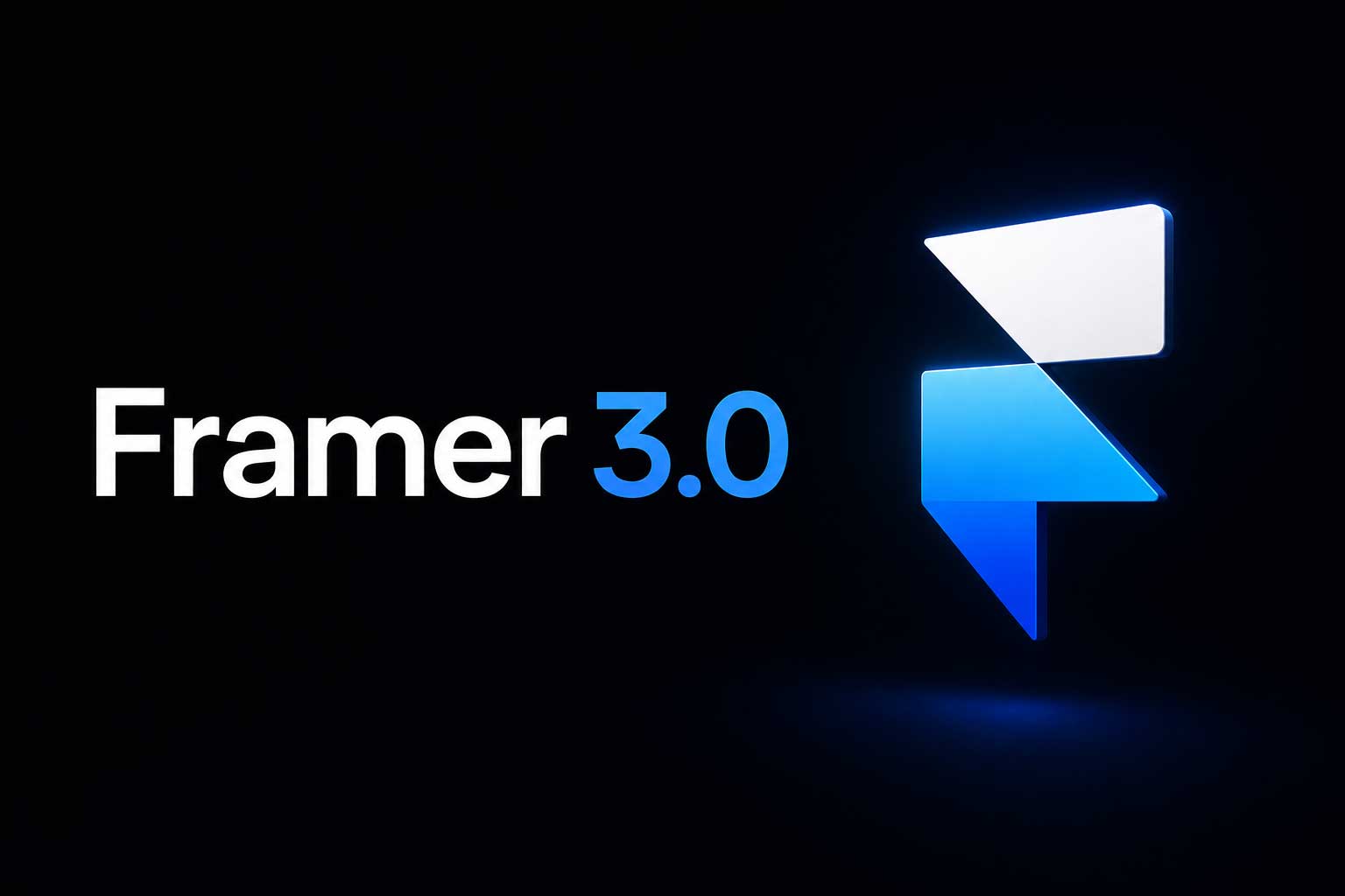 Miniature promotionnelle en mode sombre pour Framer 3.0. Grand texte blanc « Framer » accompagné du chiffre « 3.0 » en bleu lumineux sur un fond noir. À droite, un logo Framer 3D bleu et blanc avec un effet de lueur subtile. L’ensemble présente un style minimaliste, moderne et technologique, avec des accents lumineux bleus renforçant l’aspect futuriste.