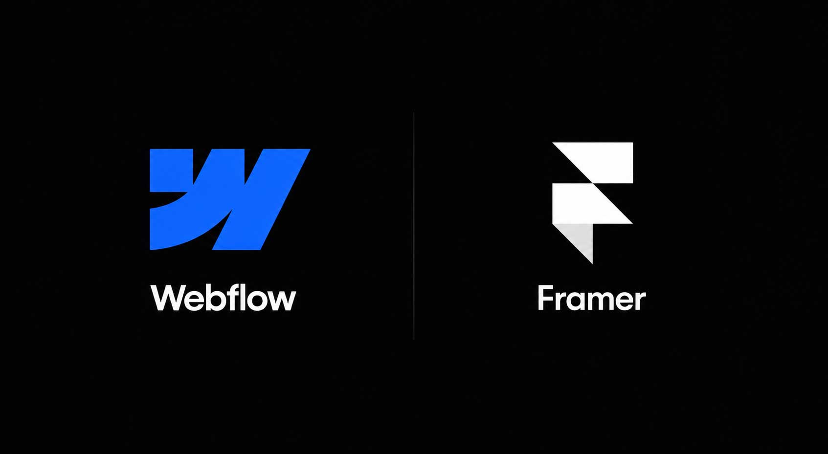 Comparaison visuelle minimaliste entre Webflow et Framer sur fond noir. À gauche, le logo bleu de Webflow est affiché au-dessus du nom de la plateforme en blanc. À droite, le logo blanc de Framer apparaît au-dessus de son nom. Une fine ligne verticale sépare les deux outils, créant une présentation épurée et moderne mettant en parallèle les deux plateformes de création de sites web.