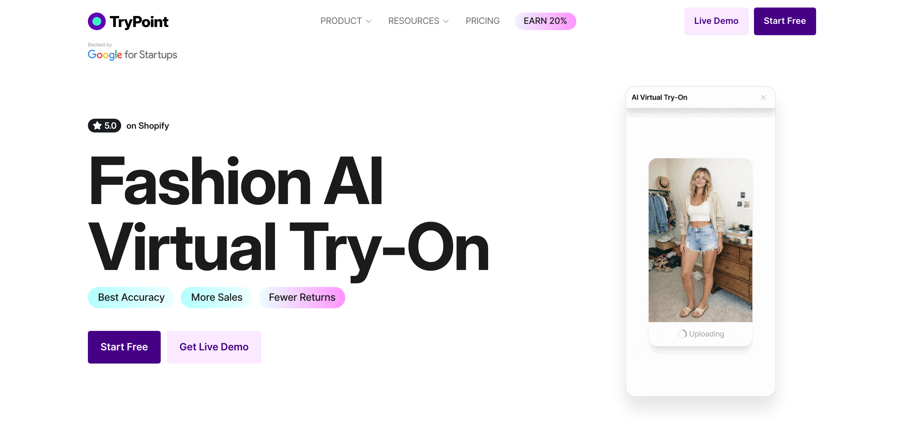 Page d'accueil de l'une des applications SaaS Shopify du client (TryPoint), en ligne sur Webflow