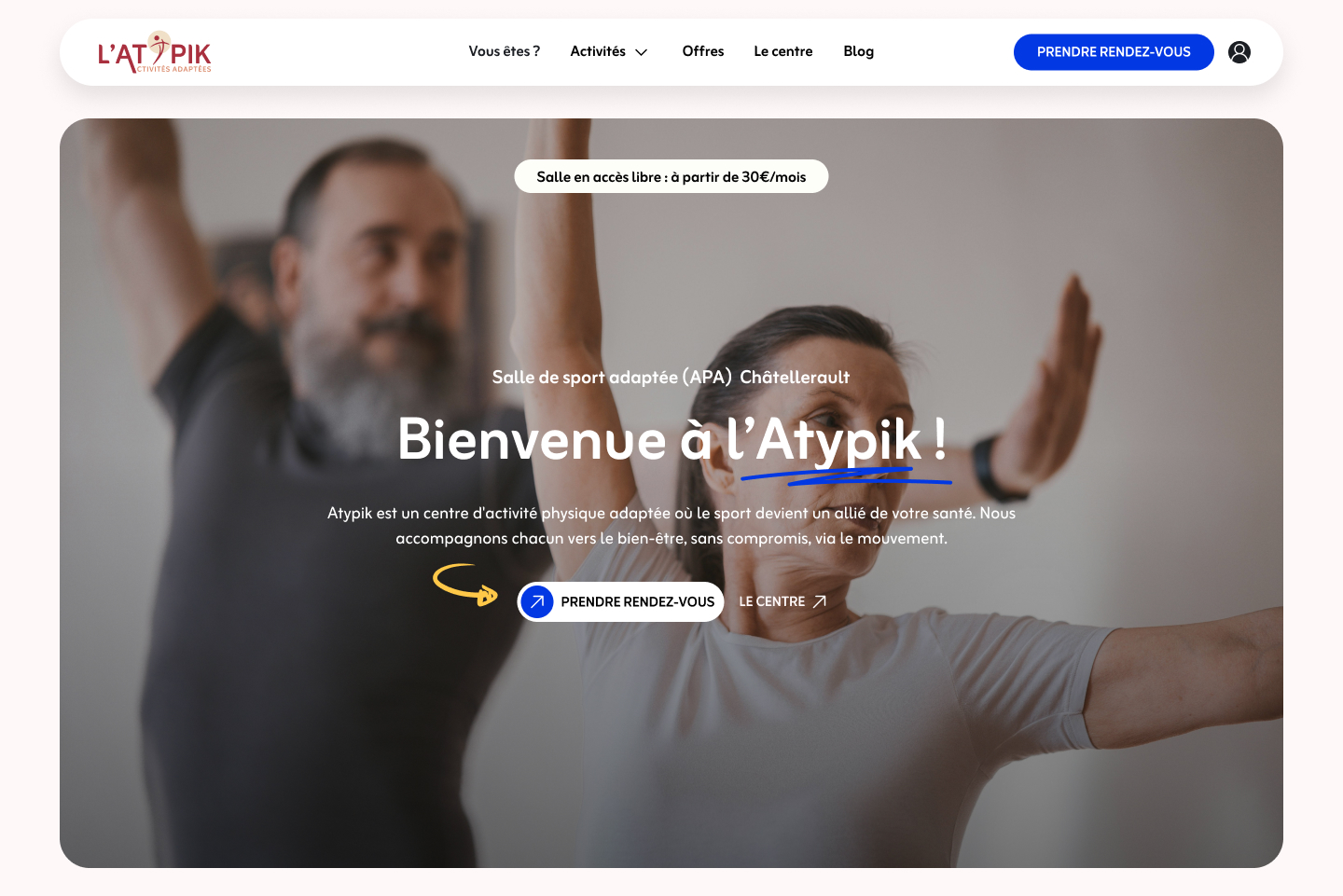 Hero du site L’Atypik mettant en avant une approche chaleureuse et inclusive du sport adapté