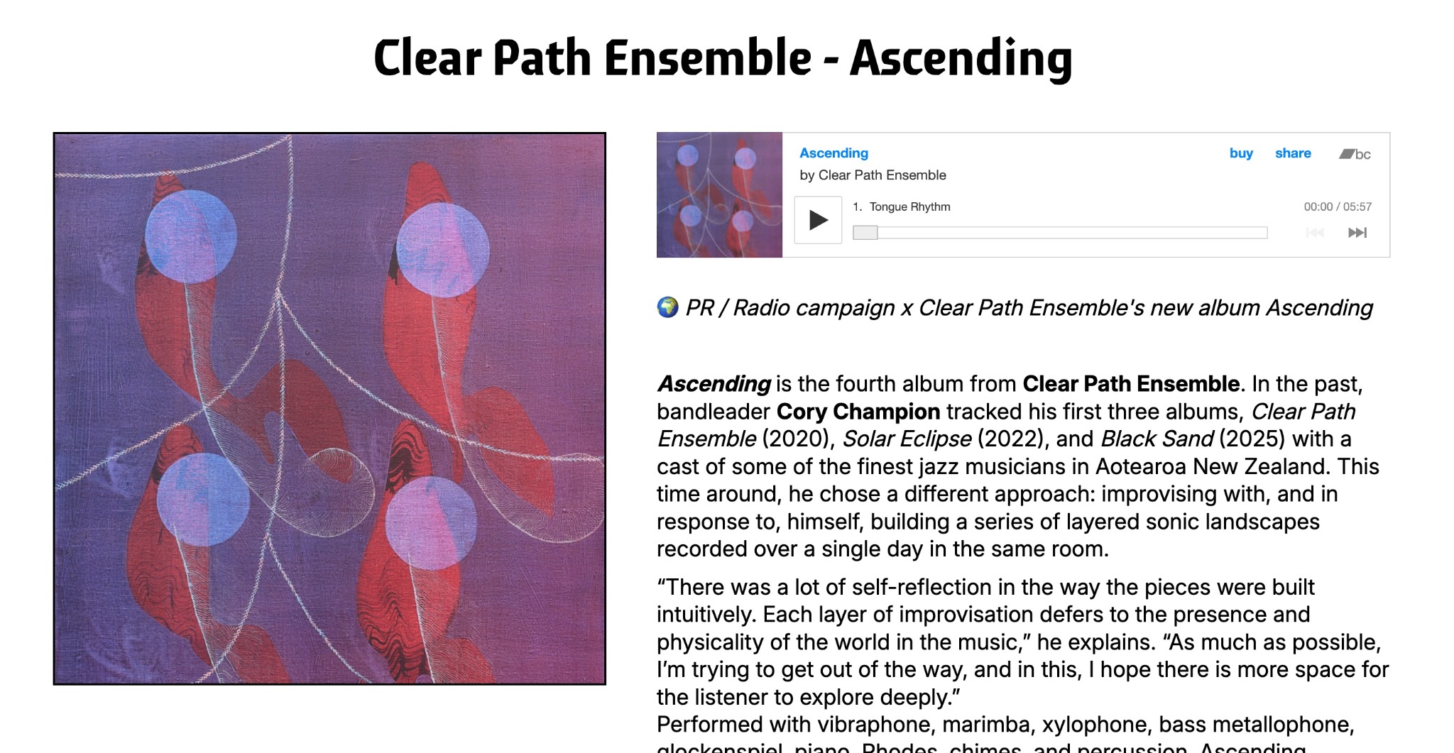 Page de campagne musicale avec lecteur Bandcamp sur Endless Wonder
