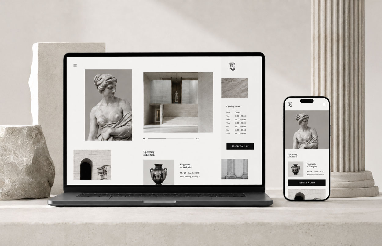 Interface fictive d’un site internet de musée affichée sur ordinateur et smartphone