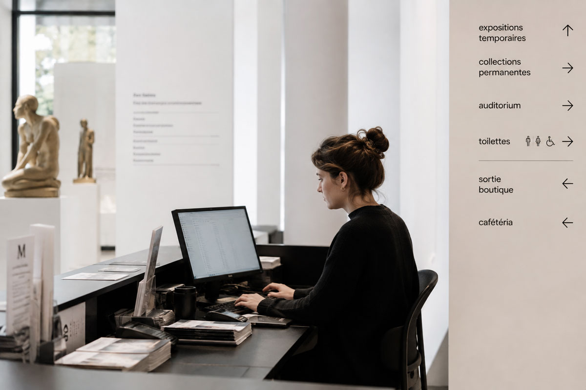Membre d’une équipe de musée travaillant sur un ordinateur au desk d’accueil