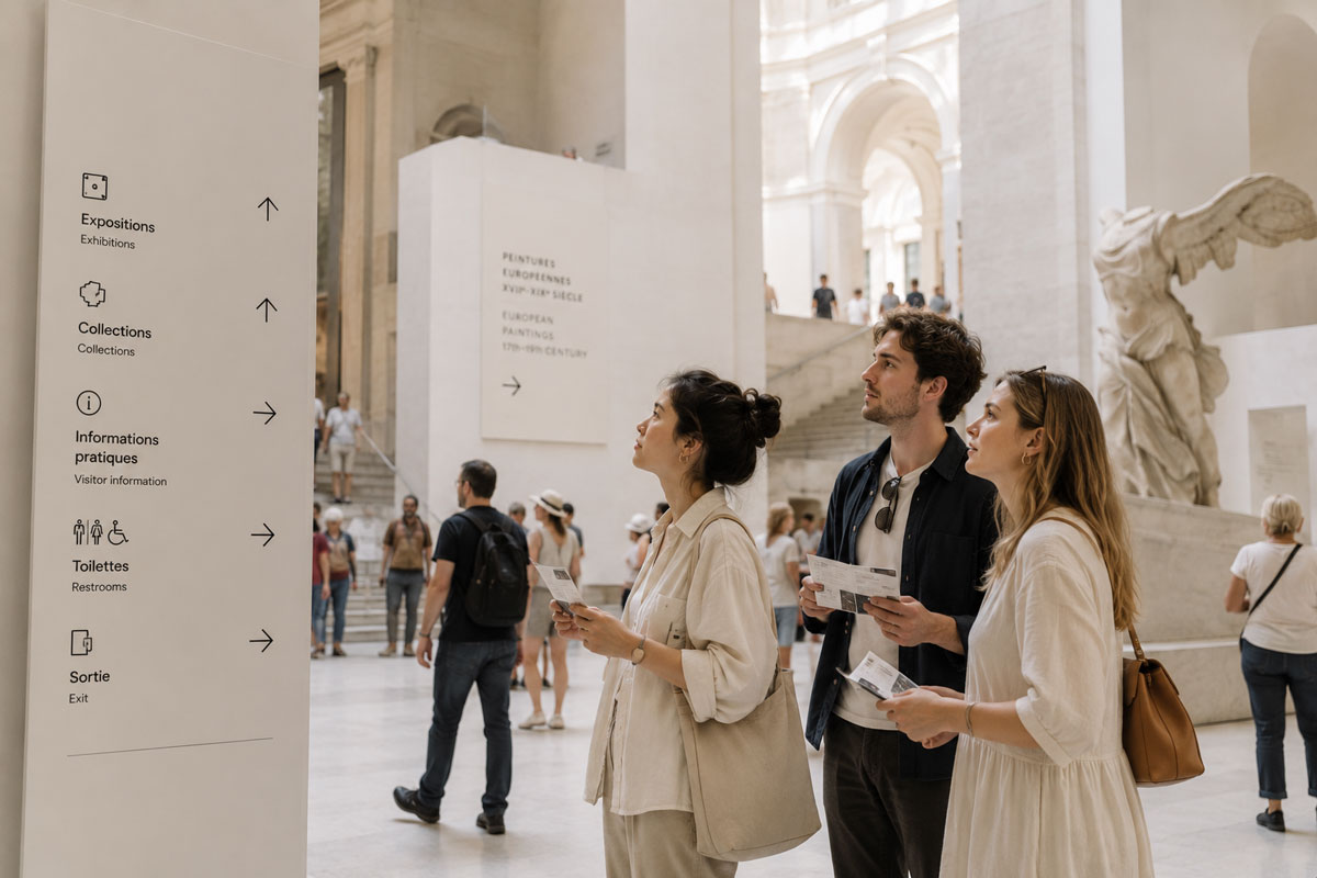 Visiteurs internationaux consultant la signalétique et les informations pratiques dans un musée