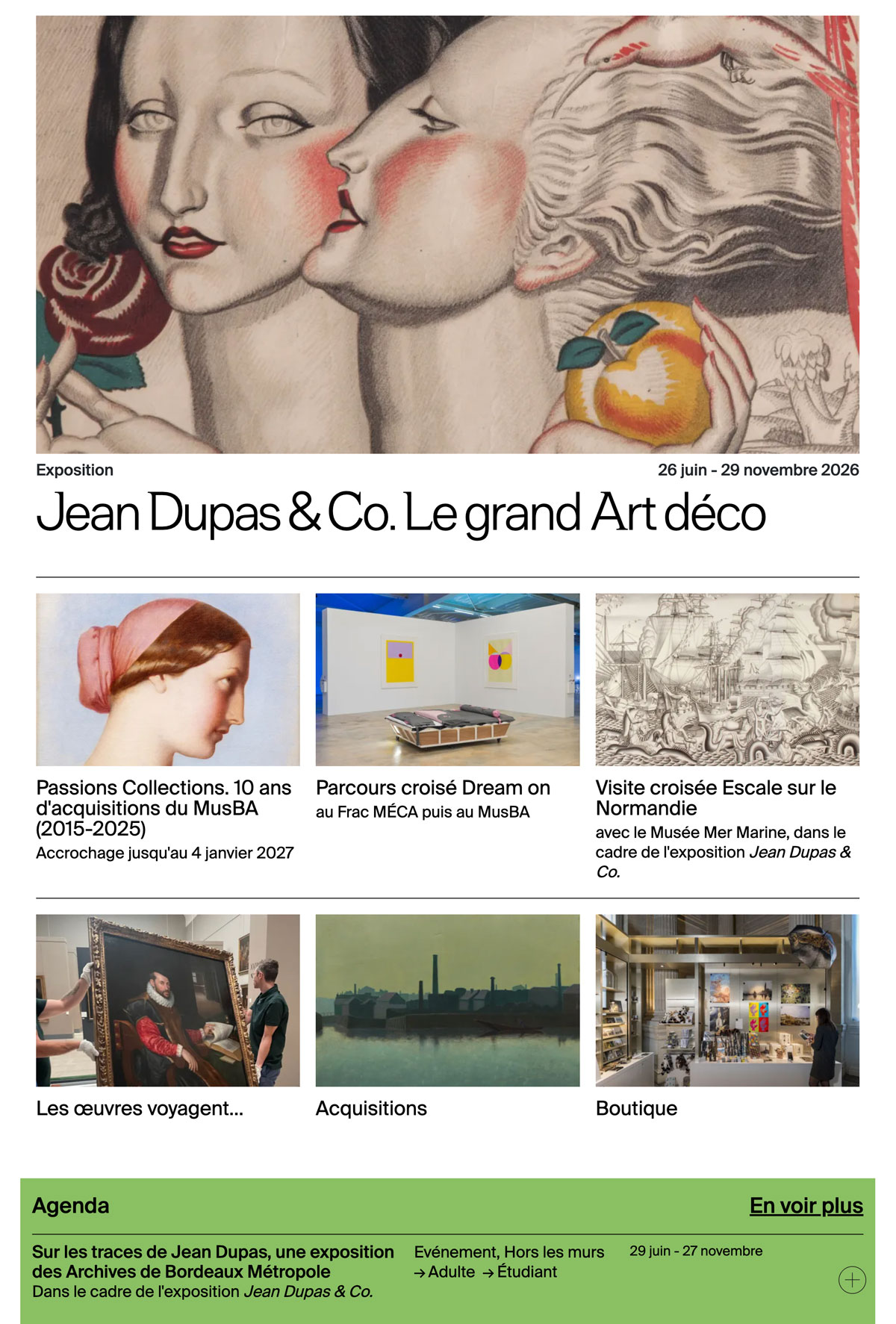 Capture d’écran du site du Musée des Beaux-Arts de Bordeaux présentant sa programmation culturelle