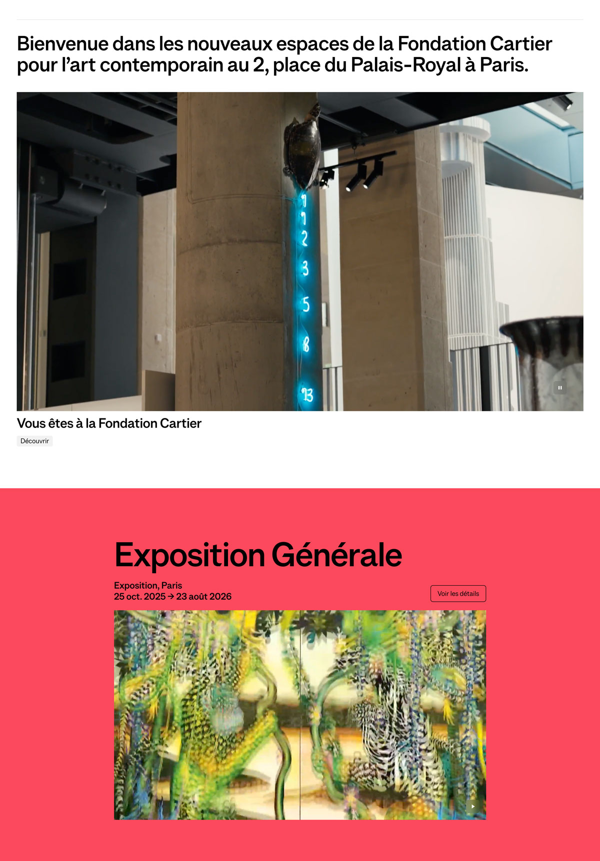 Capture d’écran du site de la Fondation Cartier, exemple de design éditorial pour une institution culturelle