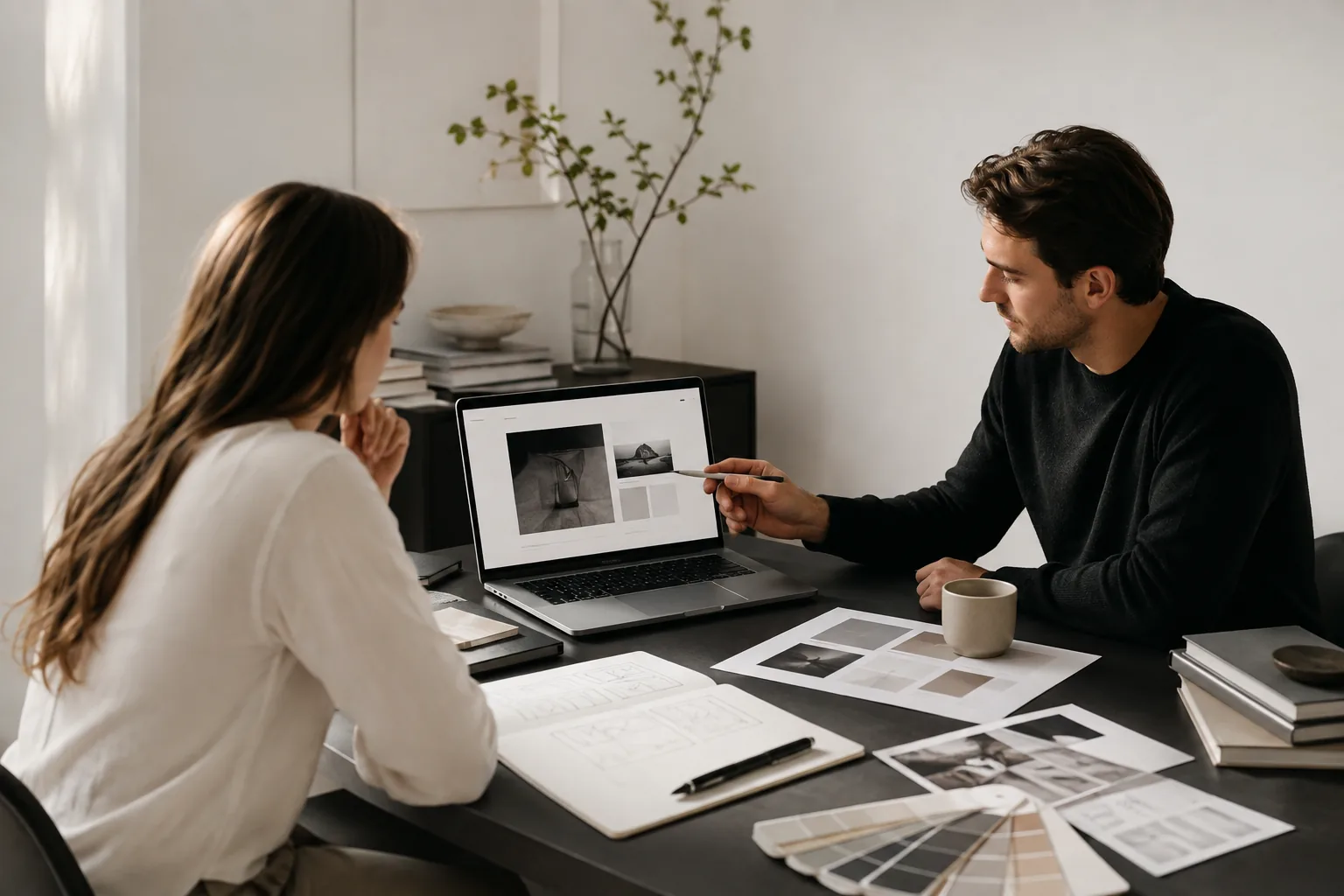Web designer freelance comparant le périmètre et le budget d’un projet avec un client