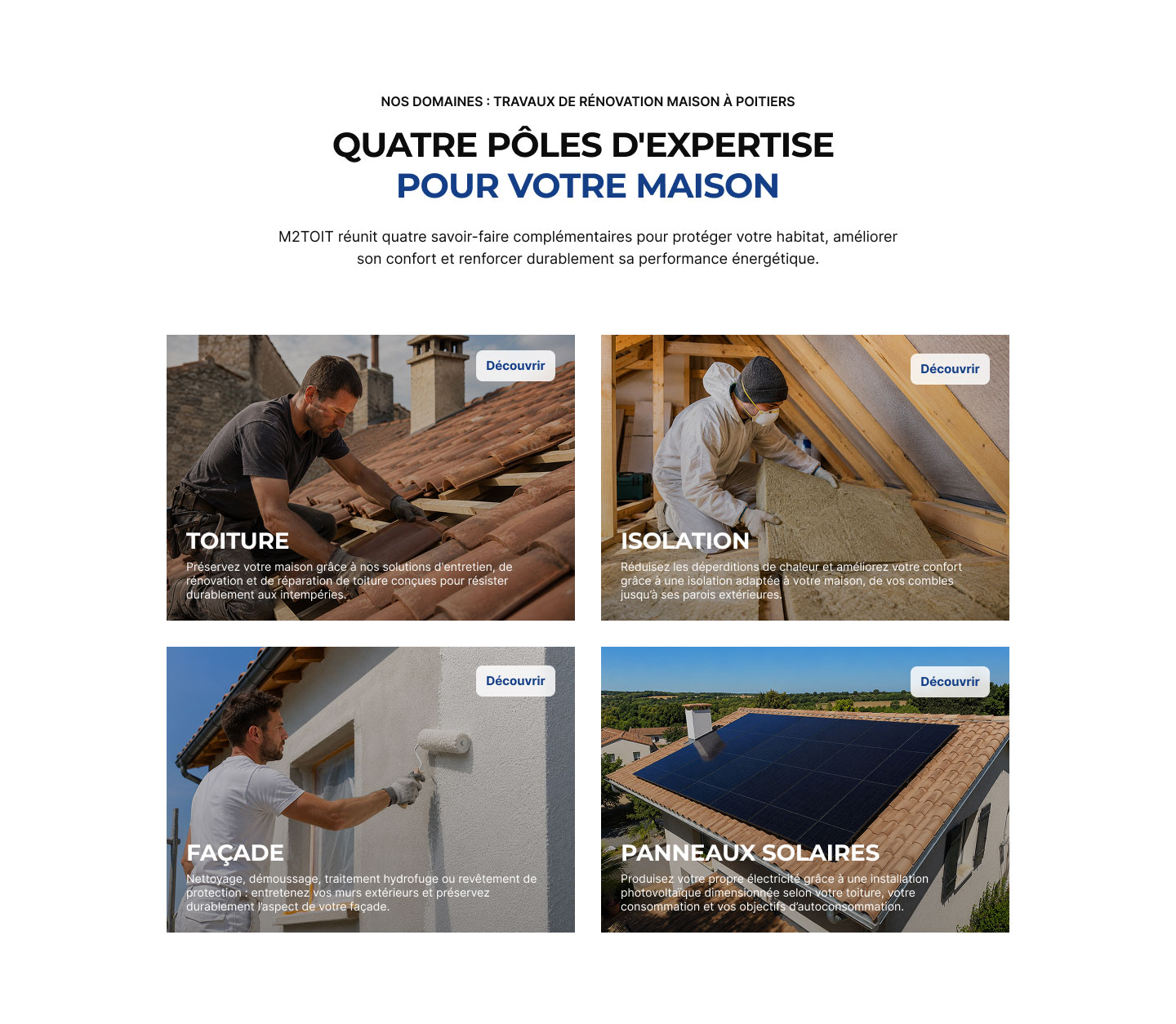 Aperçu des services du site M2TOIT consacrés à la toiture, l'isolation, la façade et aux panneaux solaires.