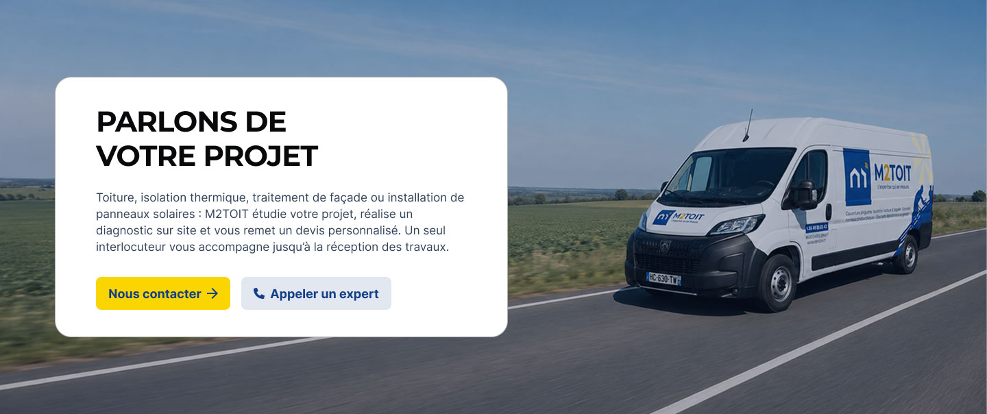Bloc d'appel à l'action du site M2TOIT invitant les visiteurs à contacter l'entreprise pour leur projet de rénovation.