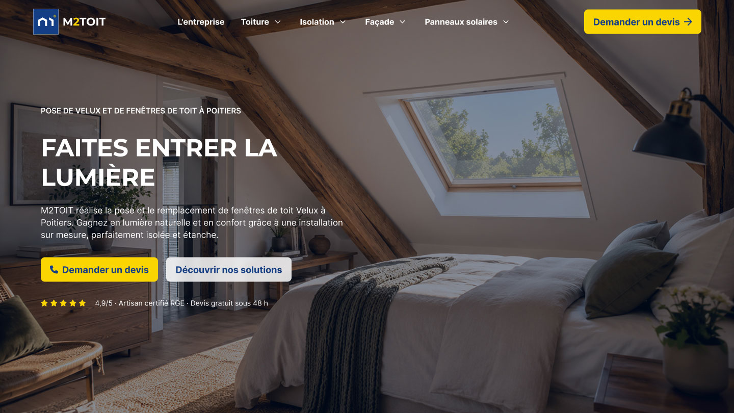 Page du site M2TOIT dédiée à la pose de fenêtres de toit Velux, conçue et développée sur Webflow.