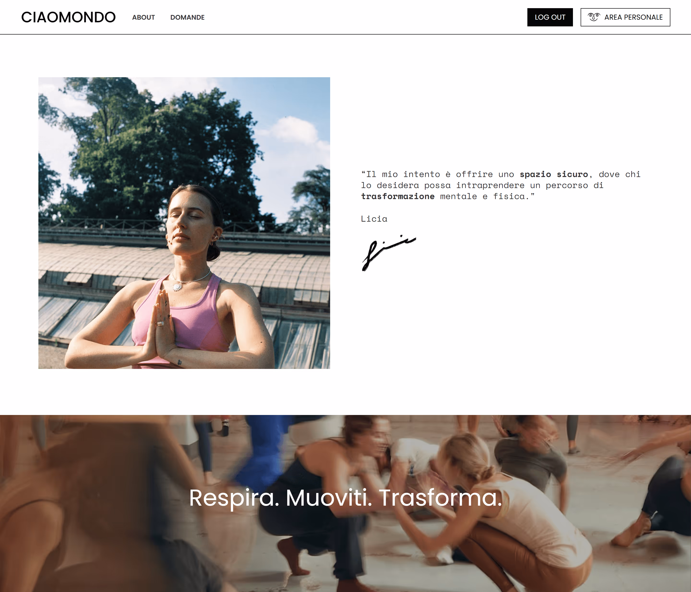 Pagina CIAOMONDO con foto di meditazione e citazione fondatrice — piattaforma di membership benessere sviluppata con Webflow e Memberstack.