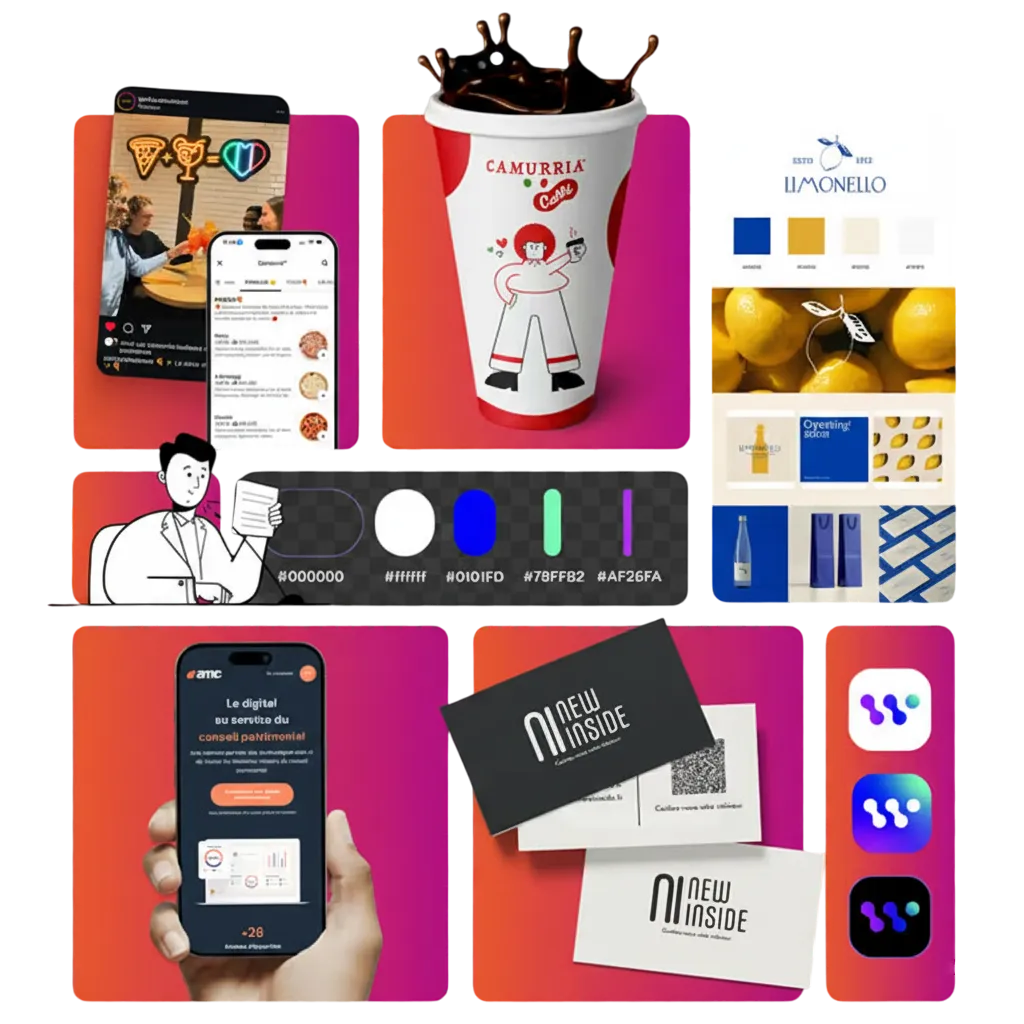 Montage graphique présentant divers projets de design réalisés par un graphiste freelance à Toulouse. L’image inclut des identités visuelles, du branding, des maquettes d'applications mobiles, des cartes de visite et des palettes de couleurs, illustrant un style moderne et créatif.