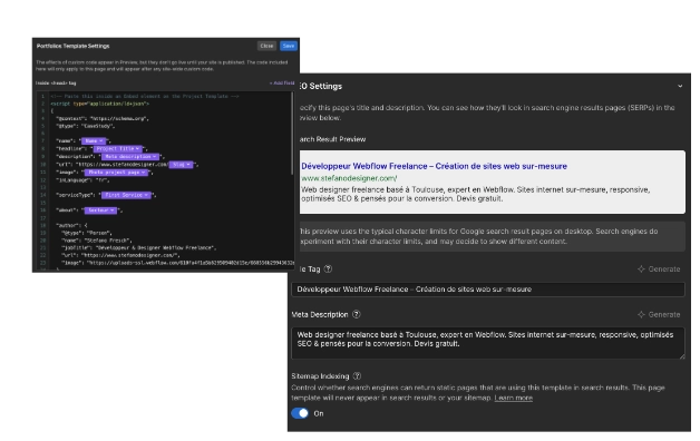 Capture d'écran des paramètres de modèle de portefeuille avec code HTML pour SEO et aperçu d'une page web de développeur Webflow freelance à Toulouse.