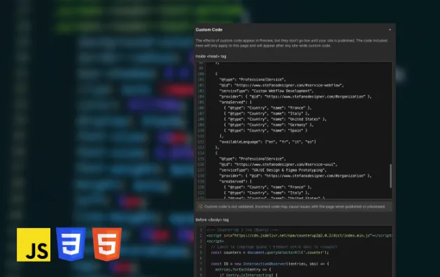 Capture d'écran d'un éditeur de code avec des logos JavaScript, CSS3 et HTML5 en bas à gauche.
