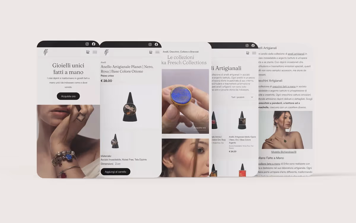 Interface d'une boutique en ligne présentant des bijoux artisanaux faits à la main, avec des images de bagues et de bracelets portés.