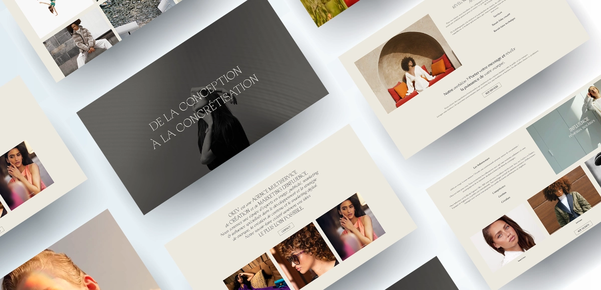 Exemples de maquettes de site internet avec images de mode et textes en français sur fond clair et sombre.