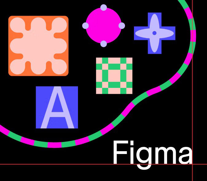 Illustration abstraite représentant l'univers Figma : formes géométriques colorées (cercle magenta, croix bleue, damier vert et rose, carré orange) sur fond noir, avec une ligne pointillée verte et rose évoquant un canvas de design. Mot "Figma" en bas à droite.