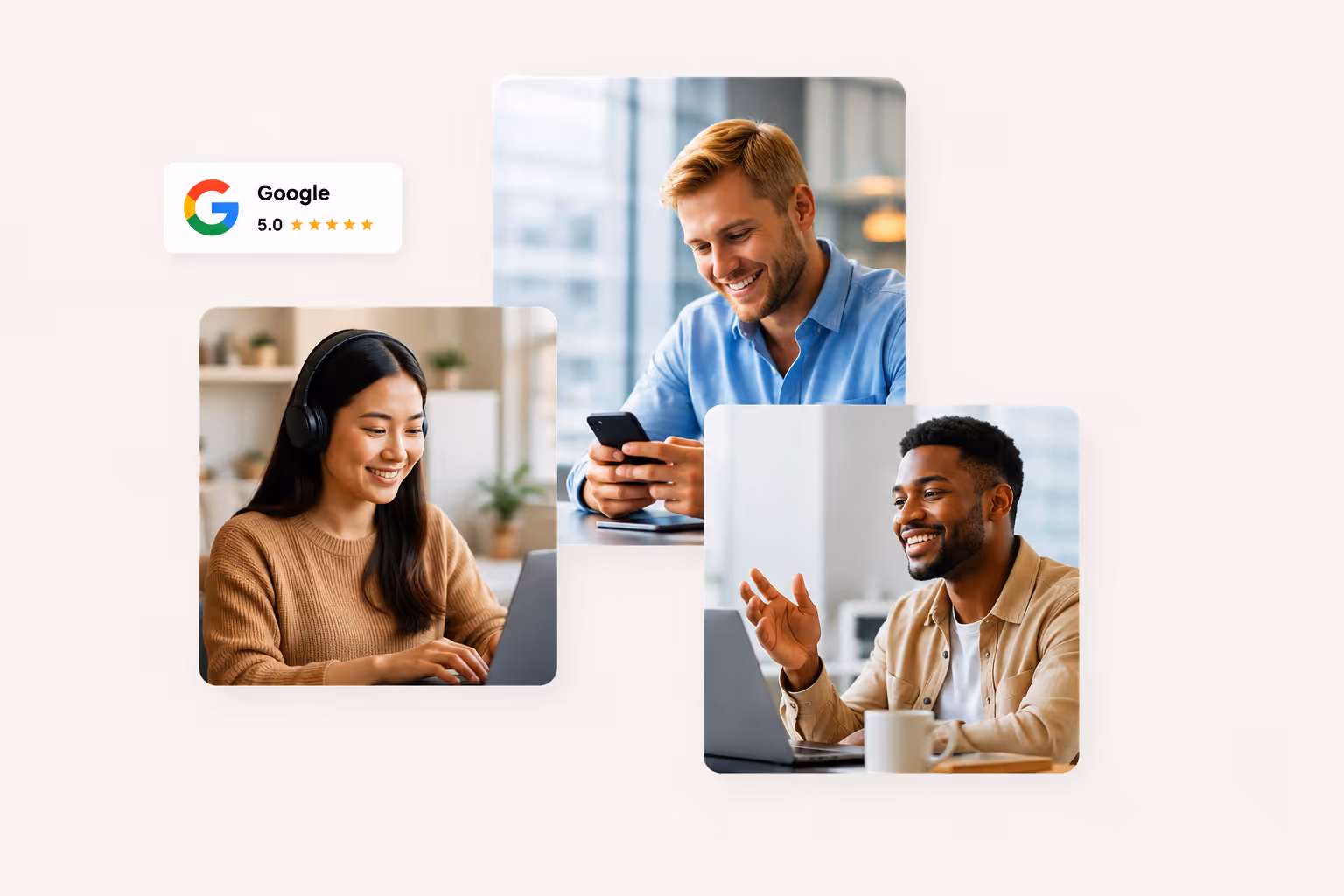 Collage illustrant une collaboration à distance entre plusieurs professionnels, avec une note Google 5 étoiles