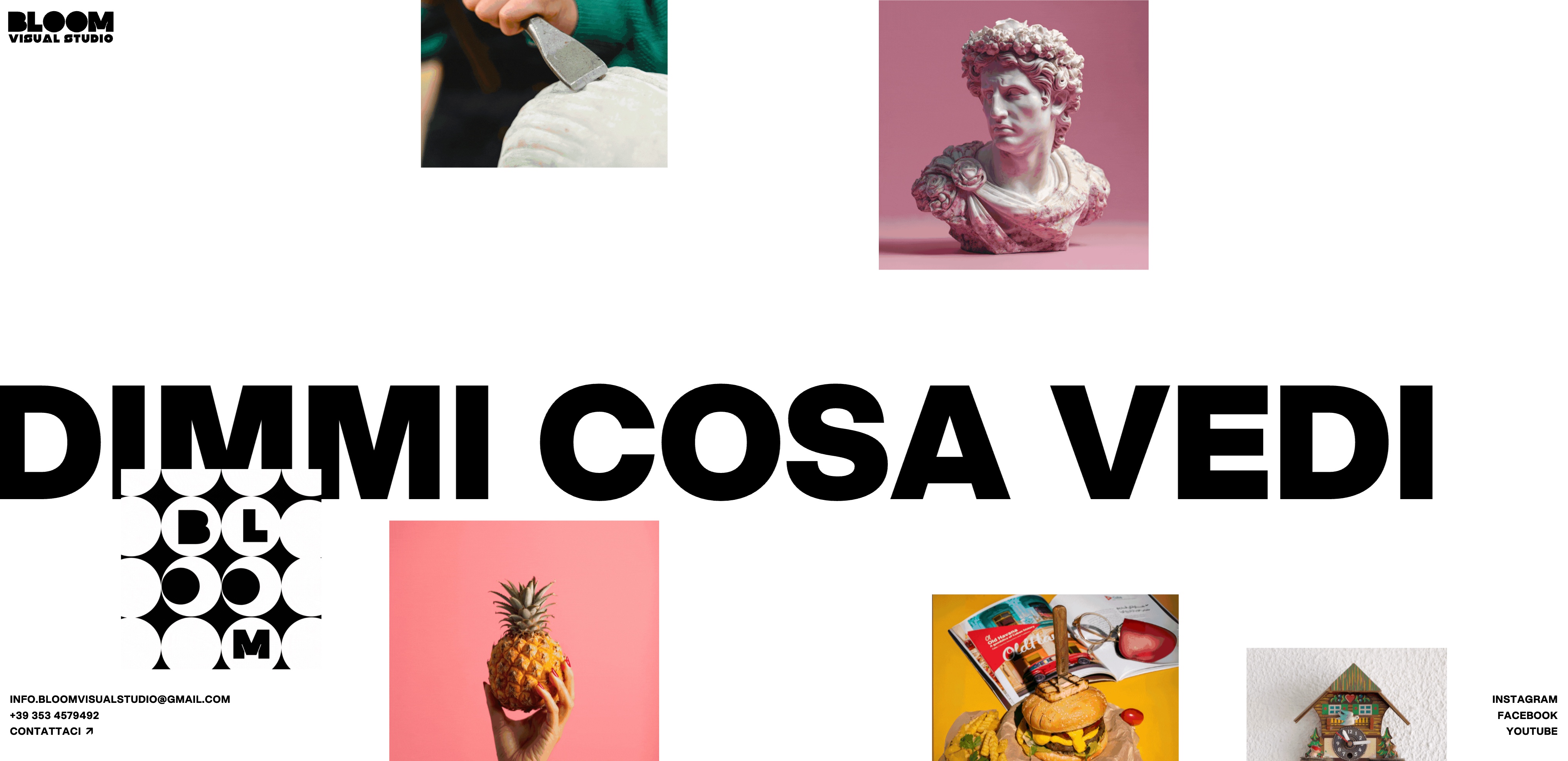 Interfaccia del sito Bloom Visual Studio con tipografia XXL e direzione artistica editoriale.