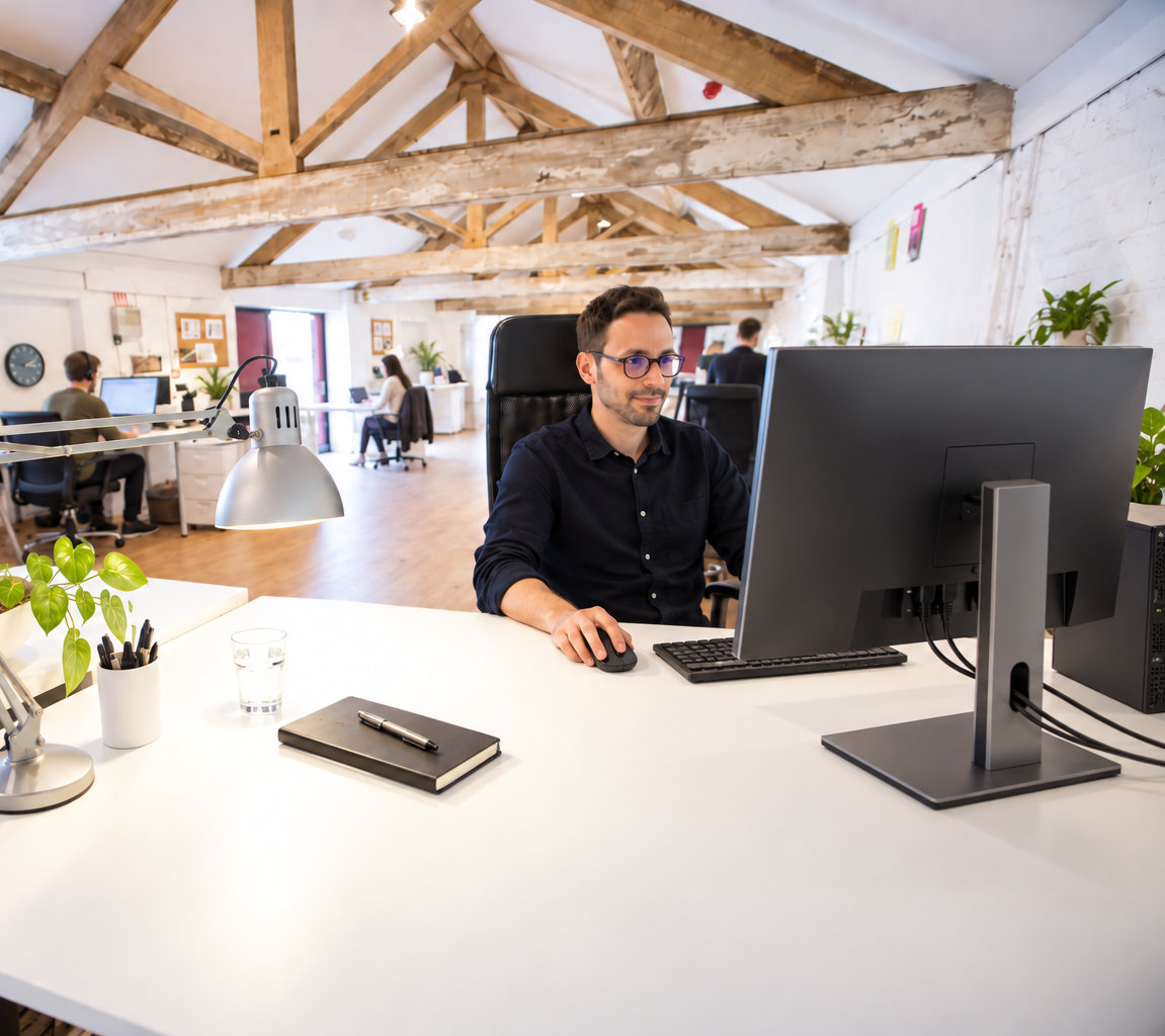 Web designer freelance à Toulouse travaillant sur des maquettes et illustrations numériques dans son studio créatif