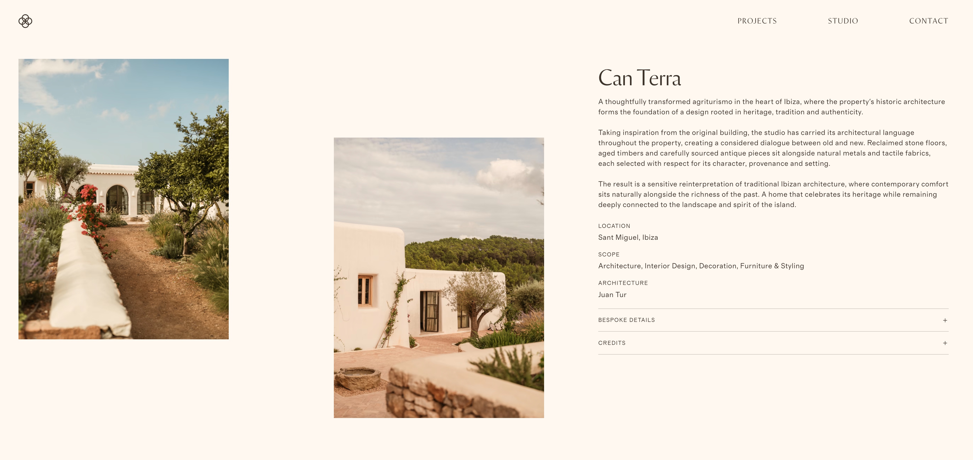 Pagina Can Terra sul sito Bloom Studio: composizione asimmetrica e fotografie verticali