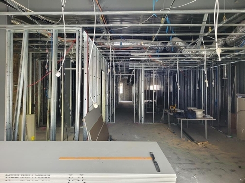 Construction site with metal wall frames