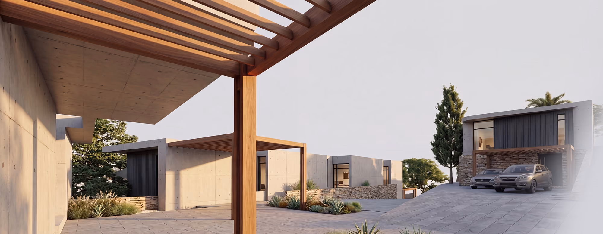 Motor court under pergolas
