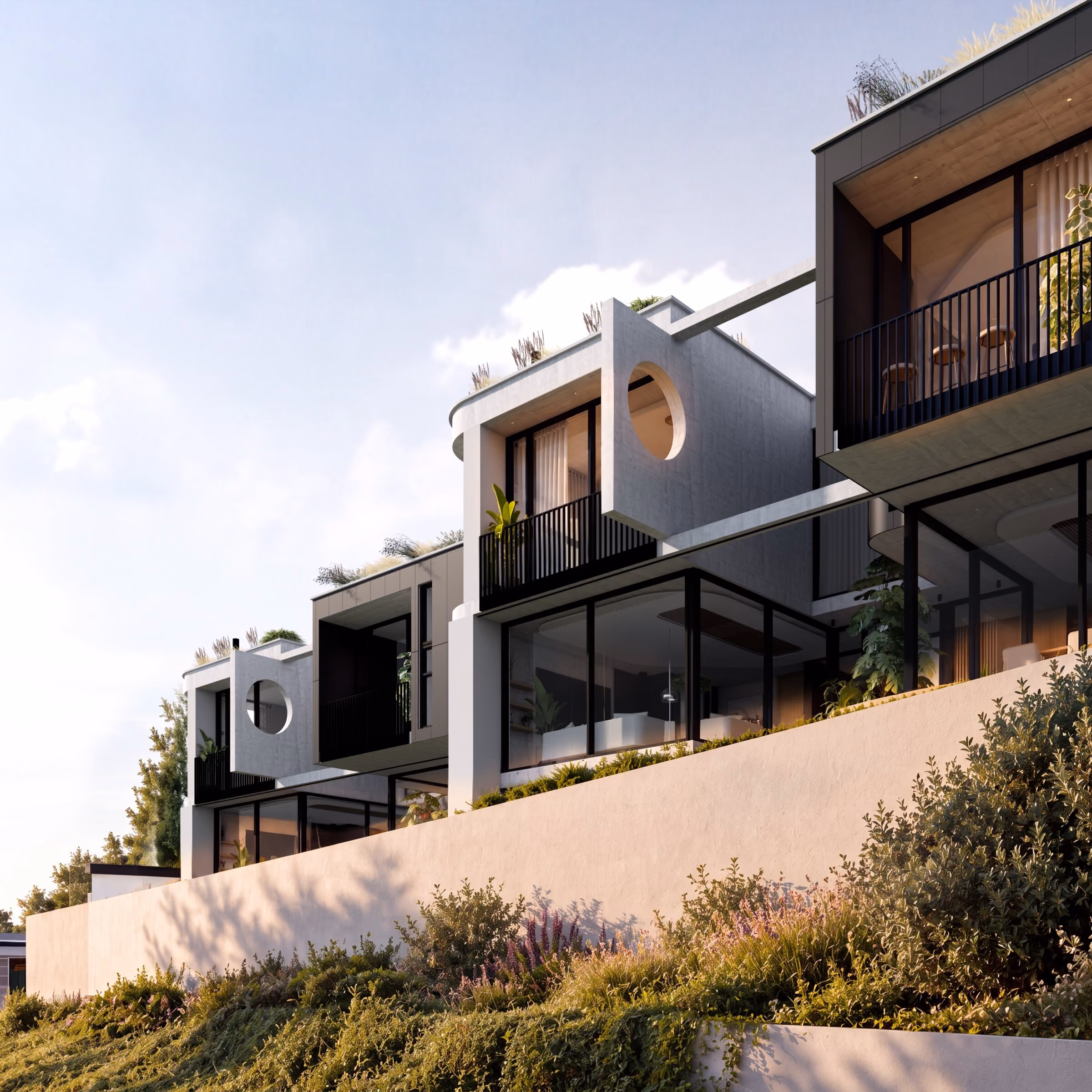 Homes stepping up the hillside above indigenous planting