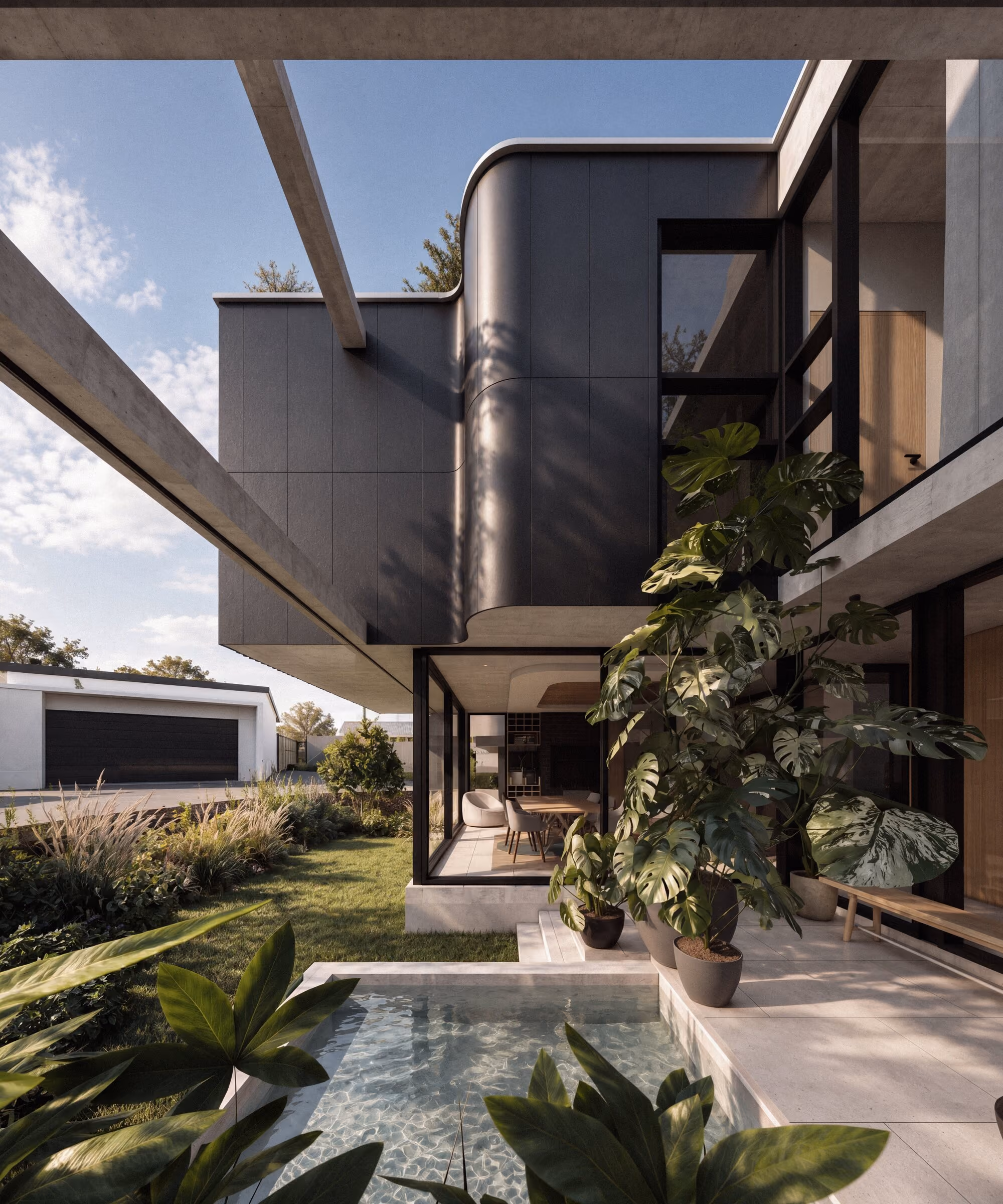 Living room opening through full-height glazing to the courtyard