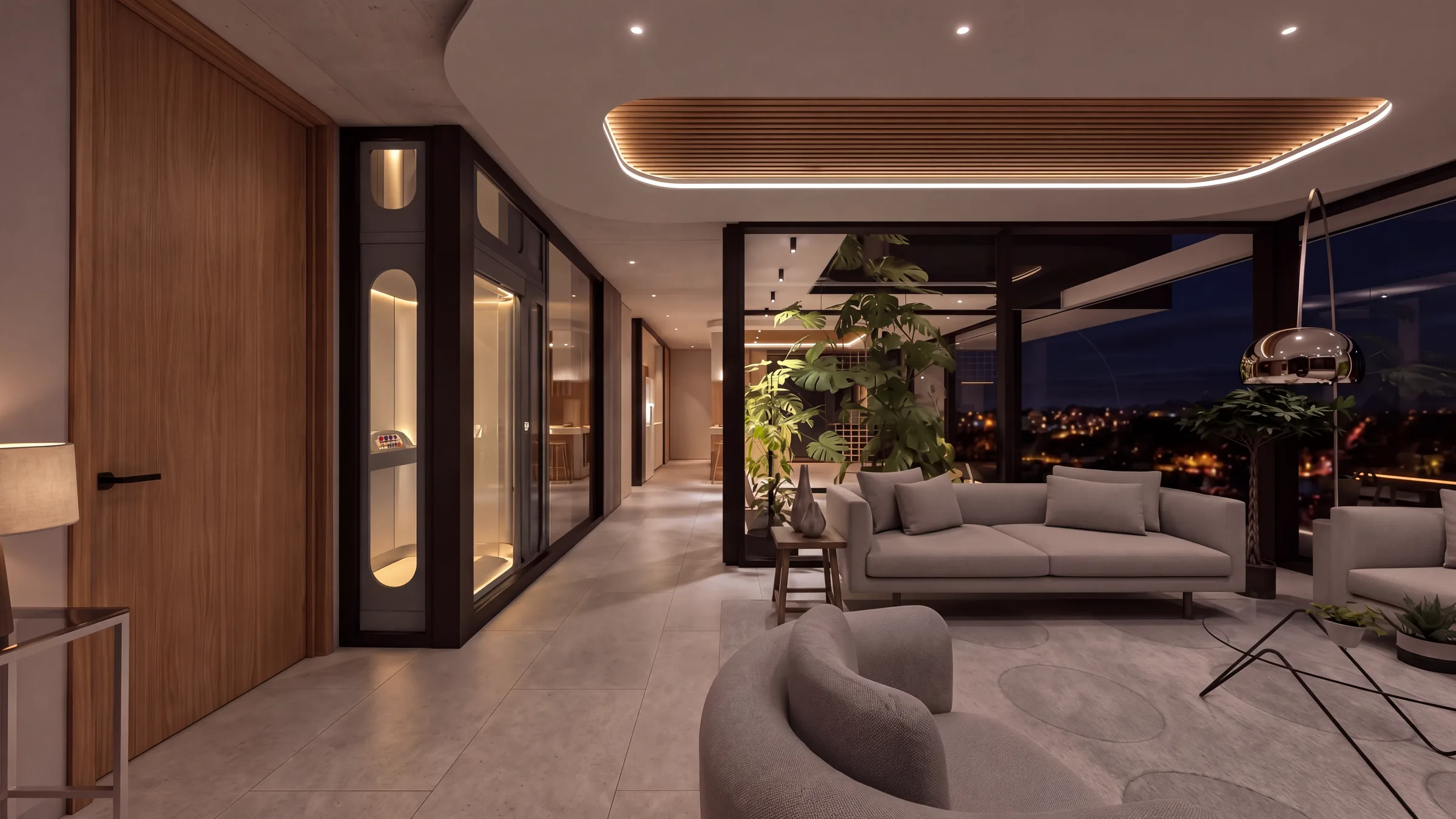 Sanford living floor at night with the glass home lift beside the timber door