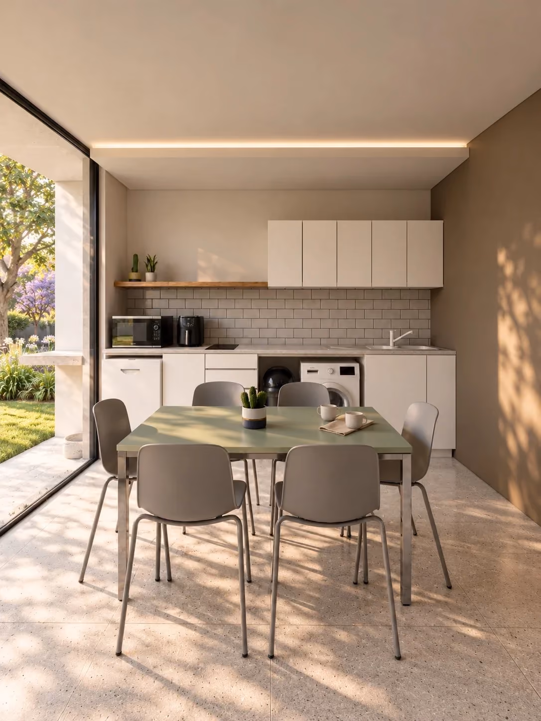 The shared kitchen and dining area, with a table for five opening onto the garden