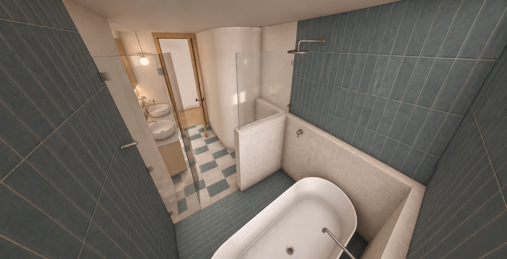 Loft bathroom with teal tile and a freestanding bath