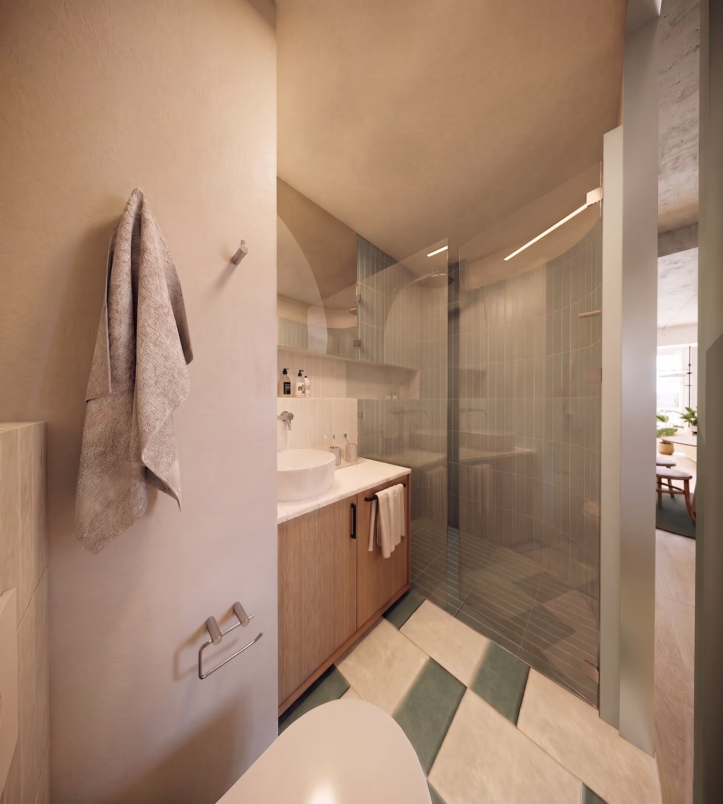 Bathroom with sage and white tiles