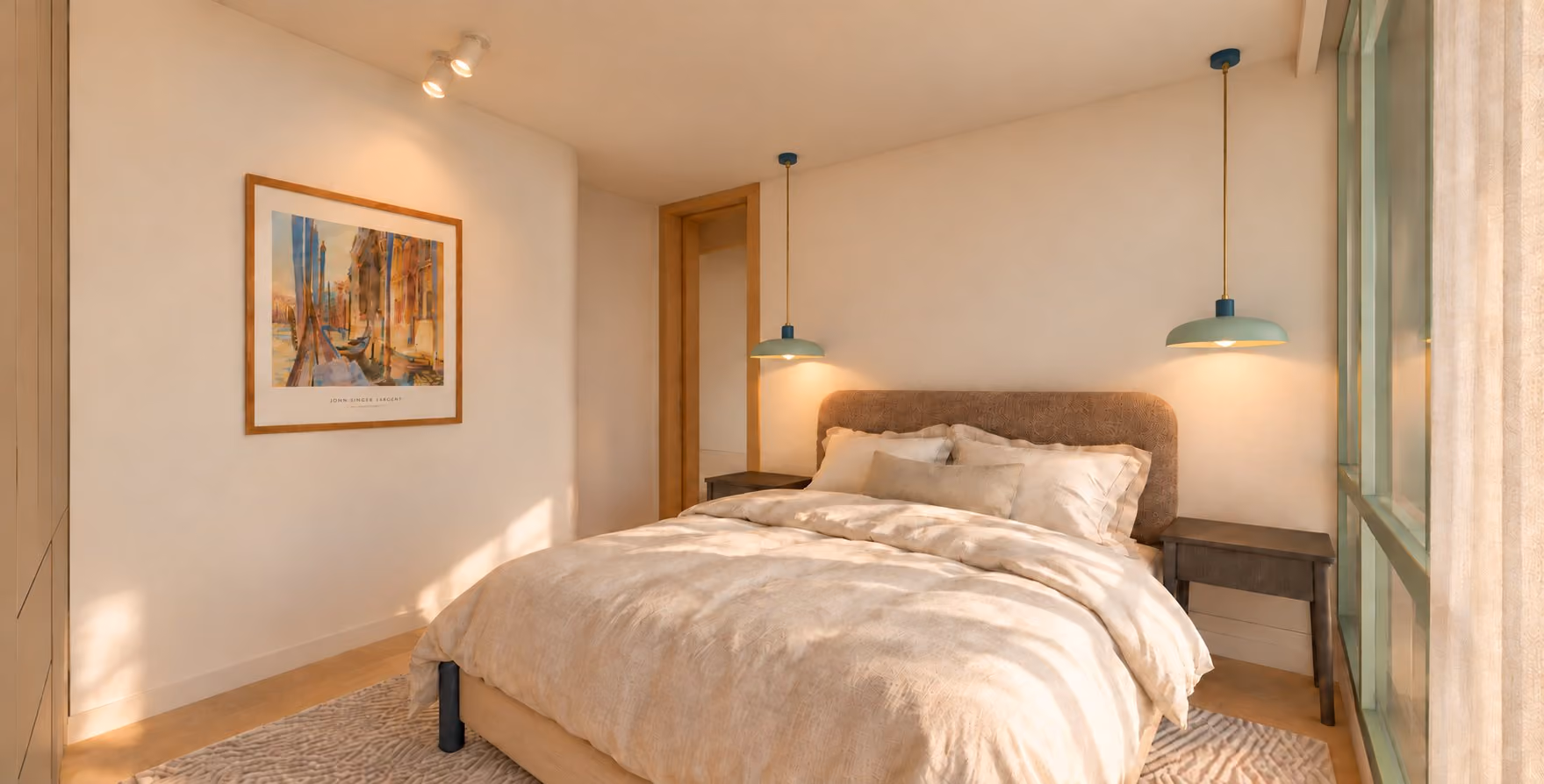 Loft main bedroom with sage pendants