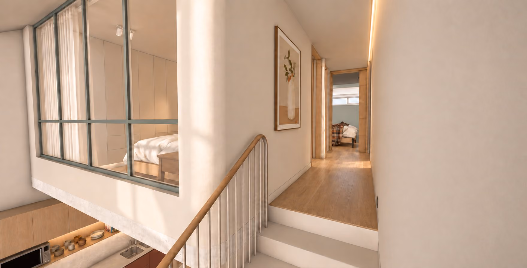 Loft upper hallway with LED wash