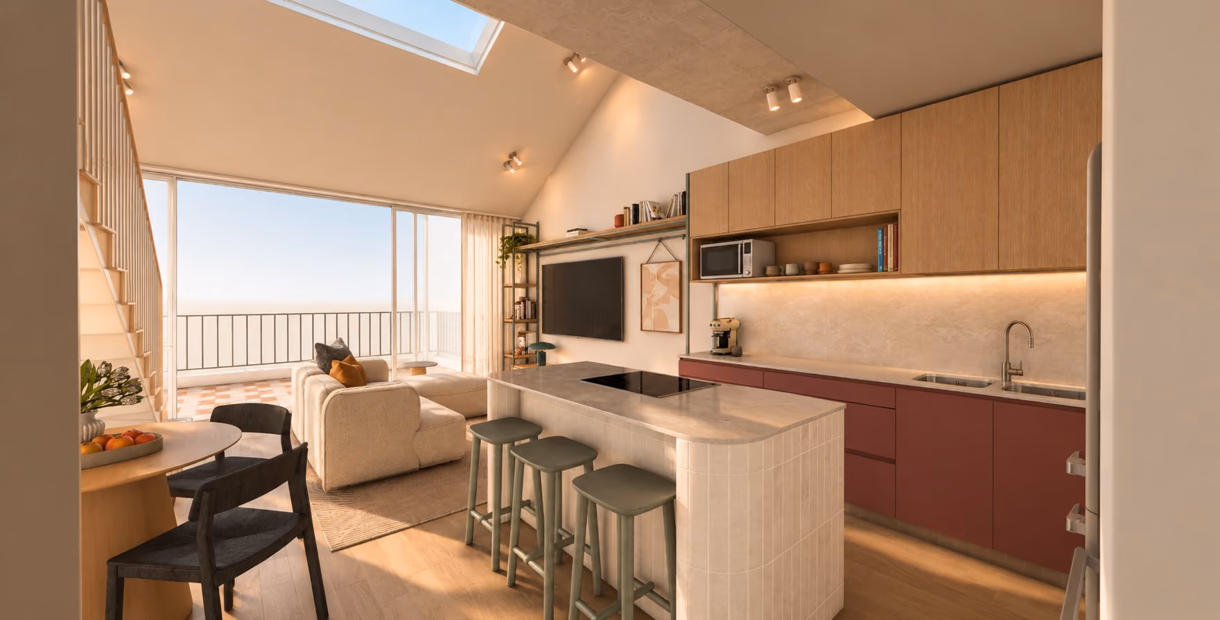 Loft kitchen with sage stools