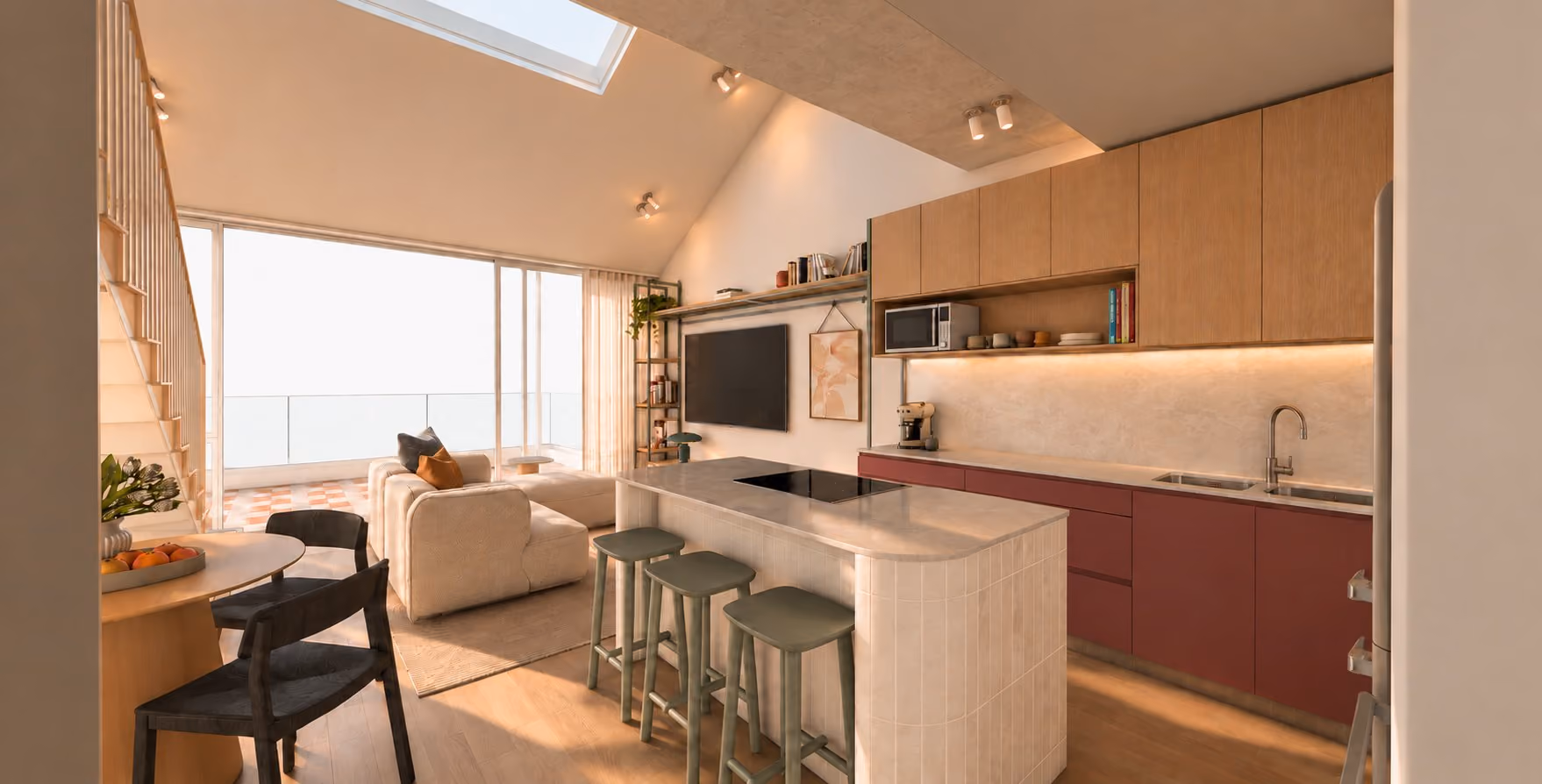 Furnished loft kitchen and living