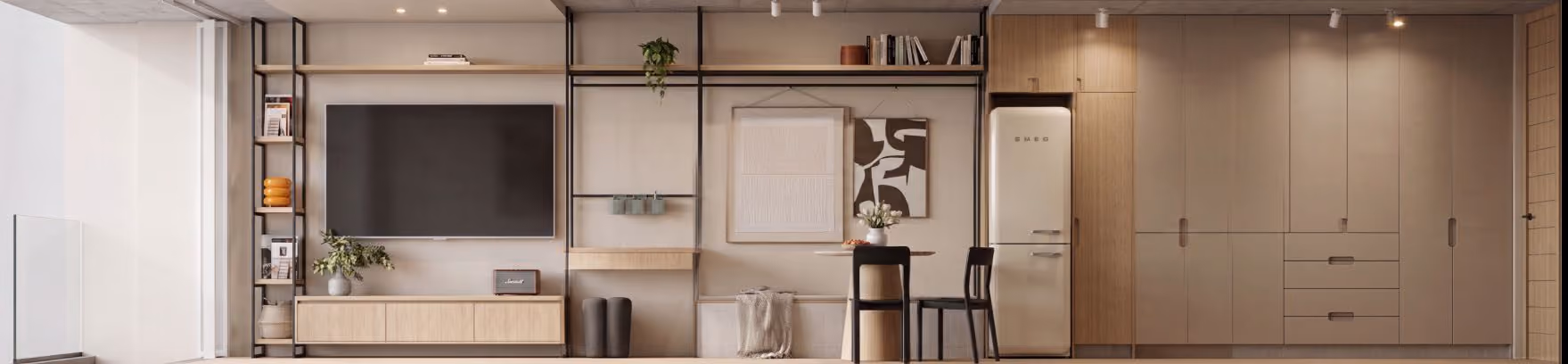 Section through a studio from the balcony and media wall to the dining nook, fridge and full-height closet, artist's impression