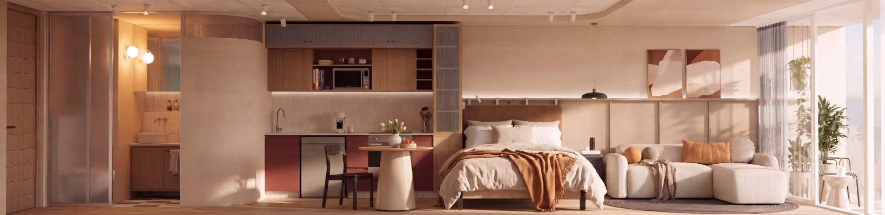 Section through a studio from the bathroom and kitchen to the bed, lounge and balcony, artist's impression