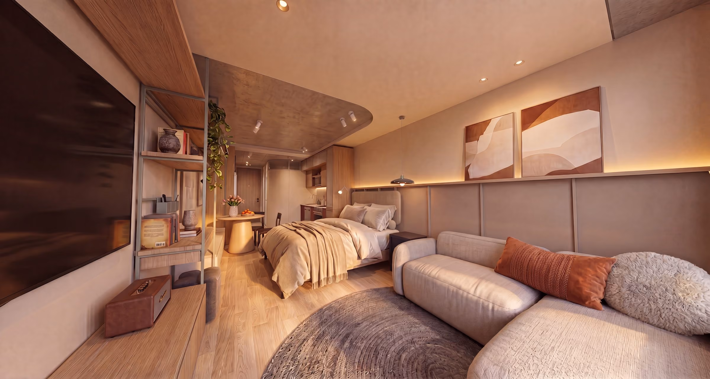 Studio living area and bed, artist's impression