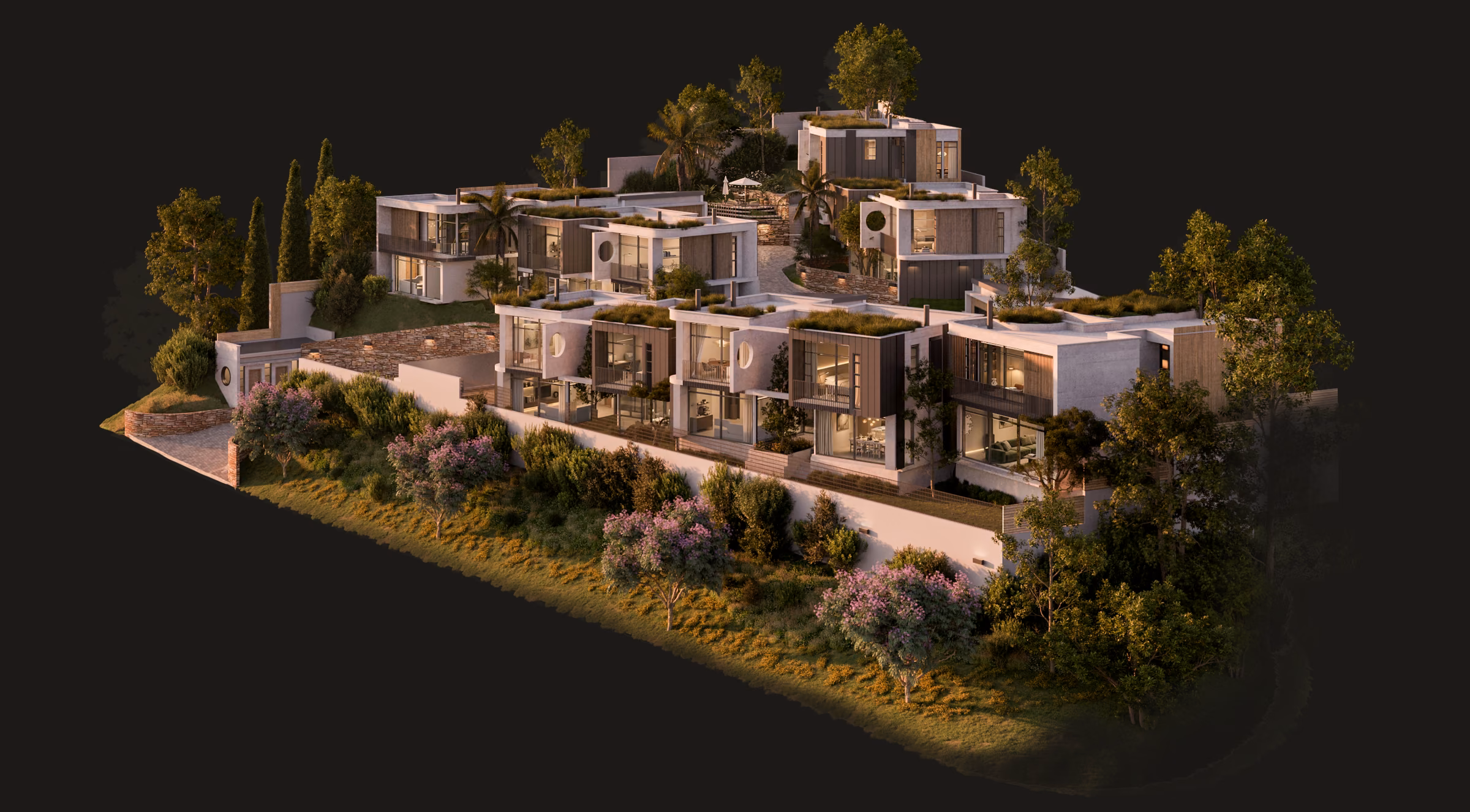 Aerial view of Sanford Heart's seven homes on Sanford Street